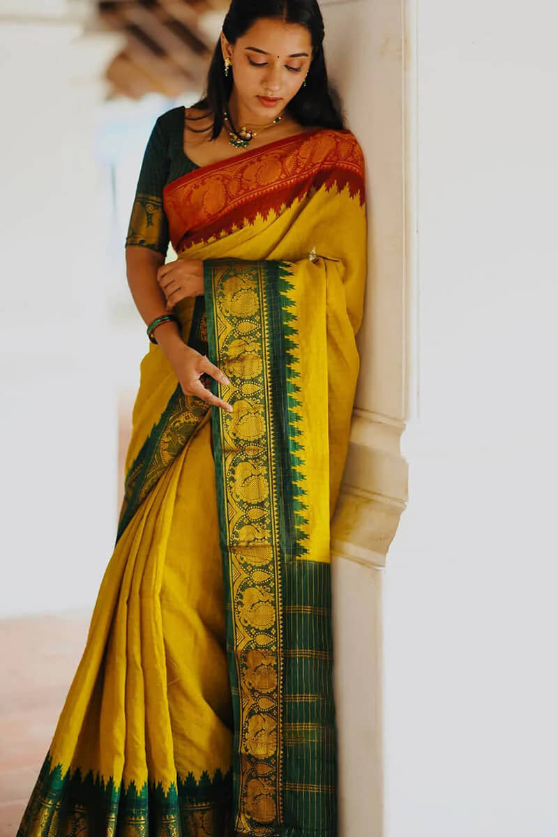 fab woven Art Silk Woven Banarasi saree With Unstitched Blouse Piece ( Yellow ) - Sarees | Buy online on ZillyBuy
