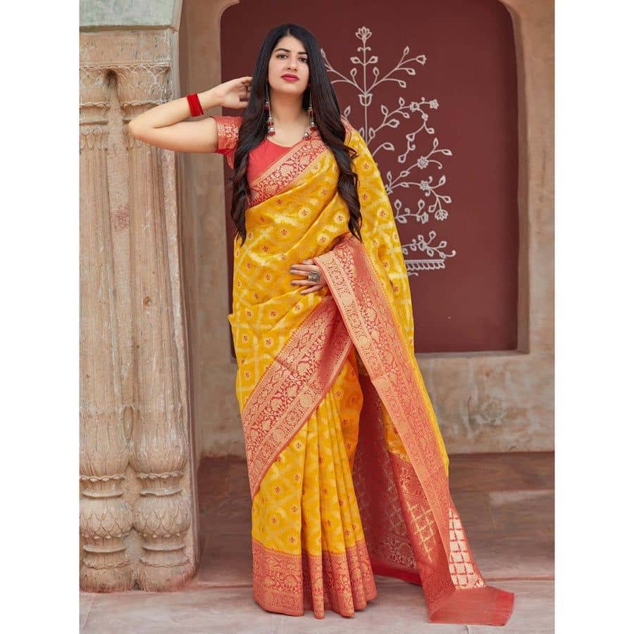 fab woven Art Silk Woven Design Banarasi saree With Unstitched Blouse Piece ( Yellow ) - Sarees | Buy online on ZillyBuy