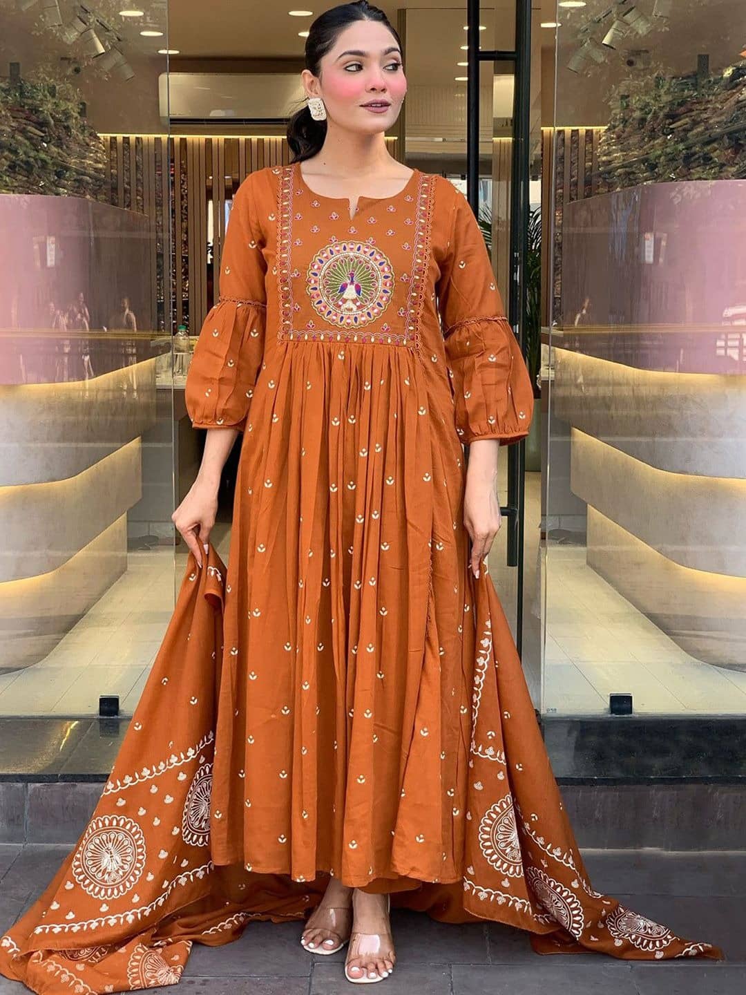 GOPI SAREE Women Cotton Silk Embroidered Anarkali Kurti With Pants ( Rust )