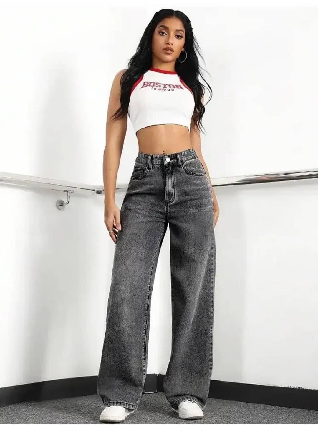 Gazal Fashions Women's Wide Leg High-Rise Jeans ( Charcoal ) - Jeans | Buy online on ZillyBuy