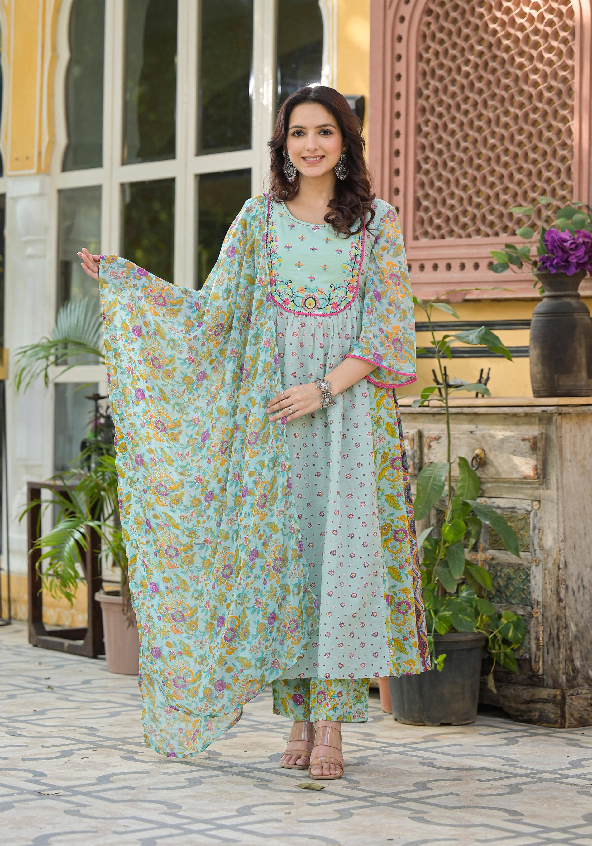 Juniper Women Cotton Printed A-line Kurti With Pants ( Green )