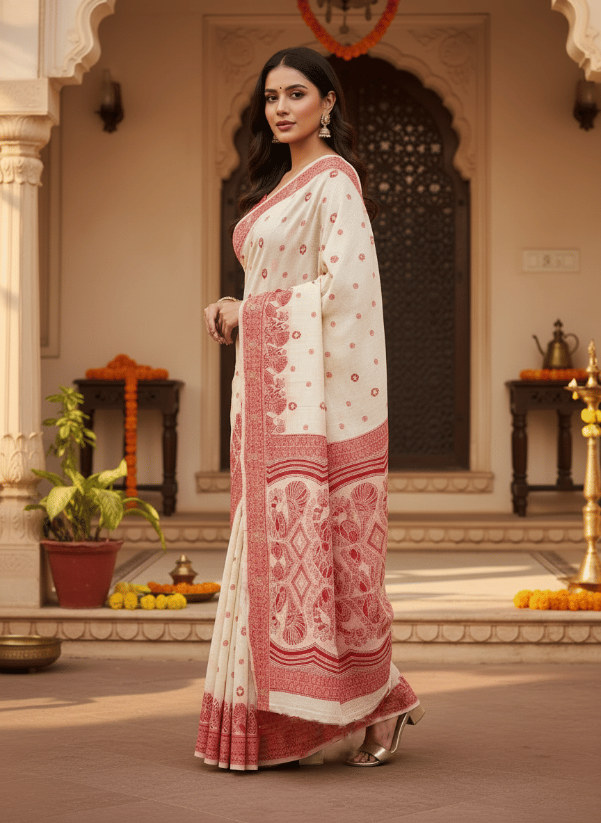 IndShopMart Cotton Blend Woven Banarasi saree With Unstitched Blouse Piece ( Beige,Red ) - Sarees | Buy online on ZillyBuy