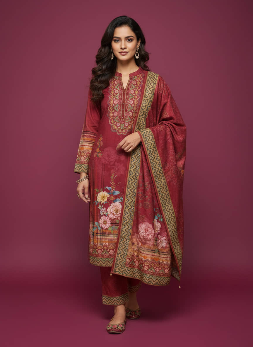 WOOL'S KART Women Woollen Printed A-line Kurti With Palazzo ( Red )