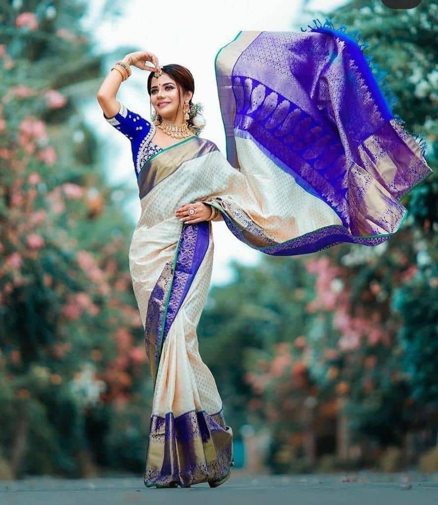 fab woven Art Silk Woven Design Banarasi saree With Unstitched Blouse Piece ( White ) - Sarees | Buy online on ZillyBuy