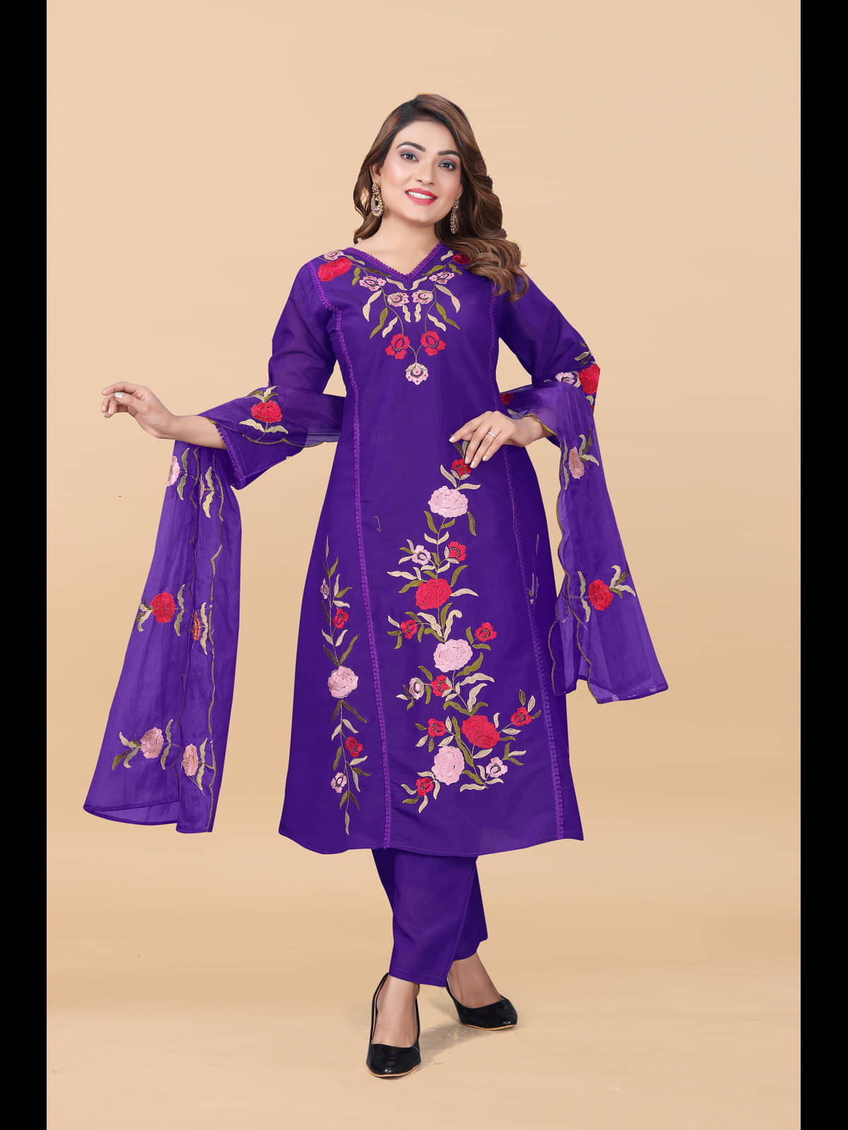 Bhakti Creation Women Chanderi Silk Embroidered A-line Kurti With Pants ( Purple ) Bhakti Creation Women Chanderi Silk Embroidered A-line Kurti With Pants ( Purple )