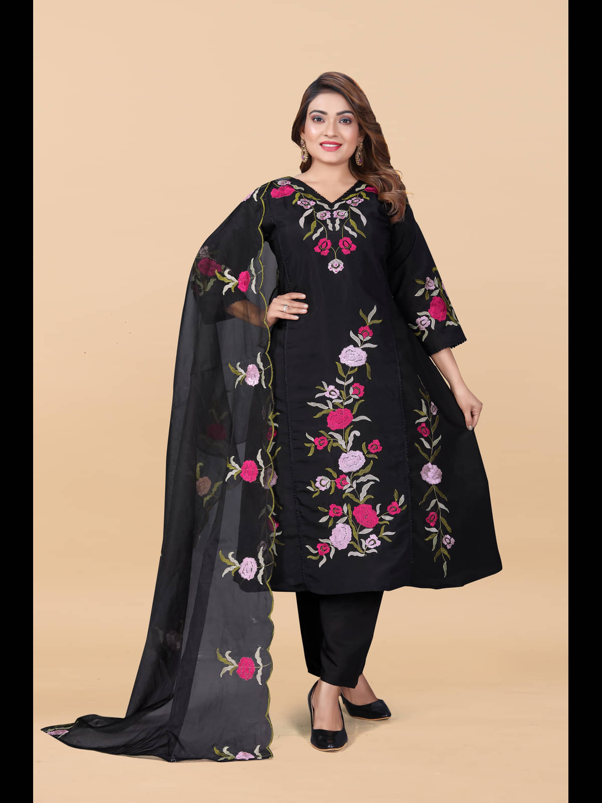 Bhakti Creation Women Chanderi Silk Embroidered A-line Kurti With Pants ( Black ) Bhakti Creation Women Chanderi Silk Embroidered A-line Kurti With Pants ( Black )