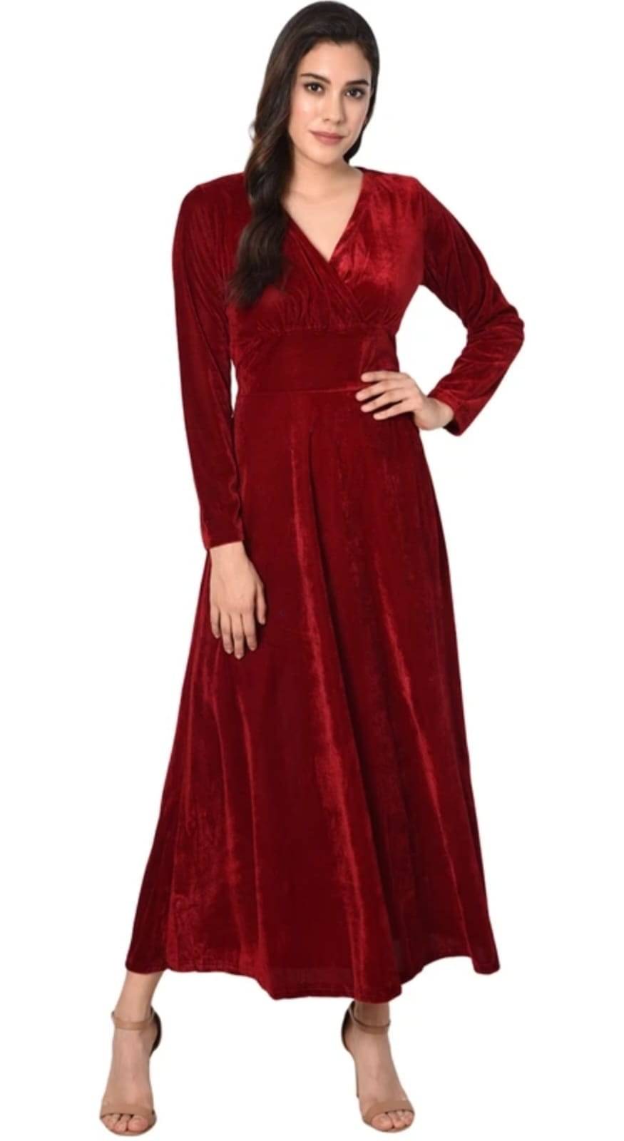 CHEVIOUT Women Velvet Solid A-line Dress ( Red ) CHEVIOUT Women Velvet Solid A-line Dress ( Red )