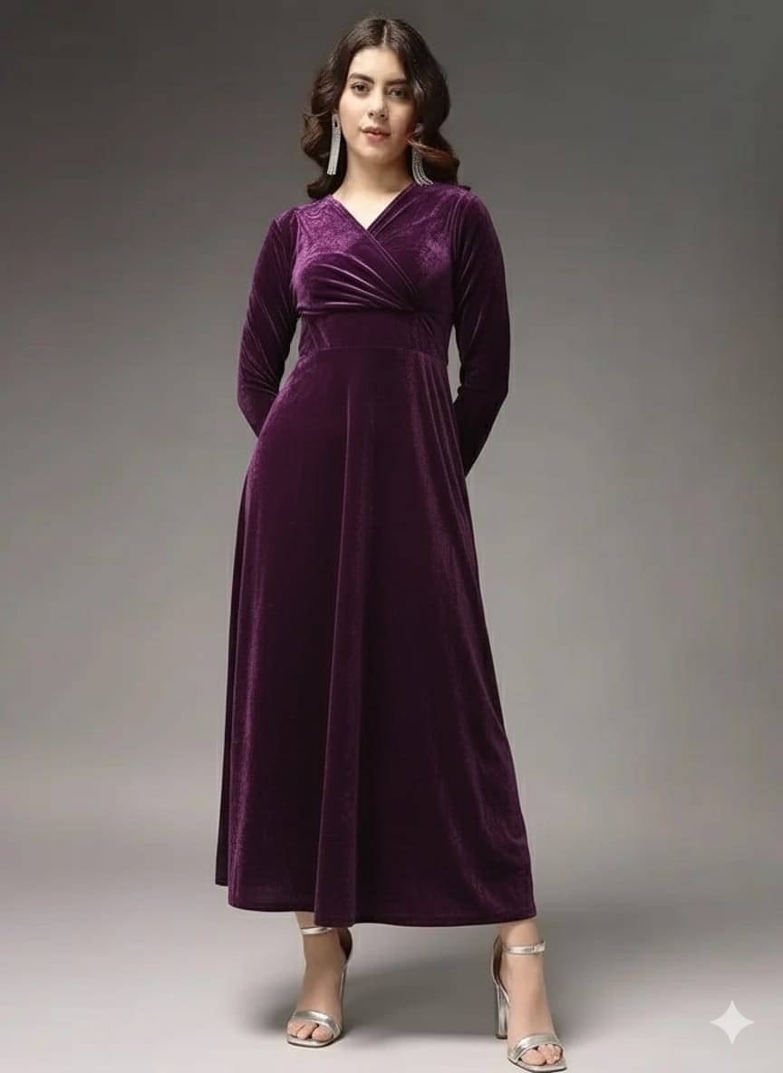 CHEVIOUT Women Velvet Solid A-line Dress ( Purple ) CHEVIOUT Women Velvet Solid A-line Dress ( Purple )