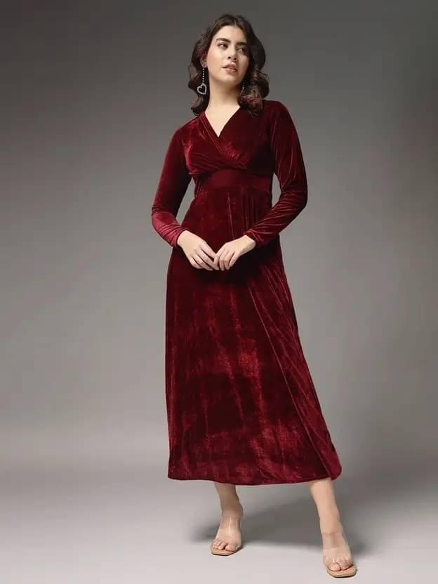 CHEVIOUT Women Velvet Solid A-line Dress ( Maroon ) CHEVIOUT Women Velvet Solid A-line Dress ( Maroon )
