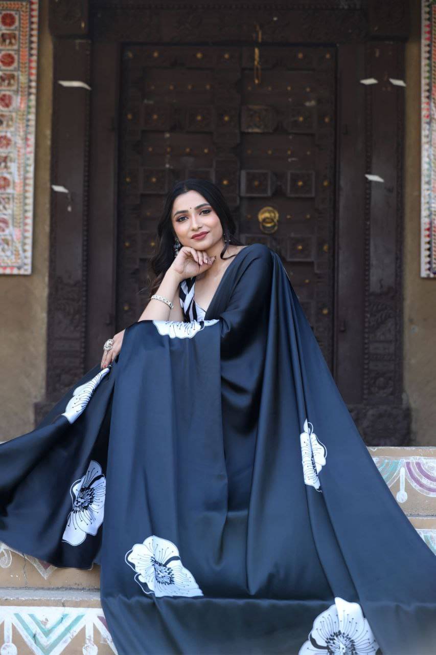Clothendy Satin Printed Regular Saree With Unstitched Blouse Piece ( Black ) Clothendy Satin Printed Regular Saree With Unstitched Blouse Piece ( Black )