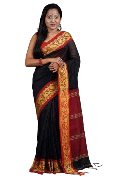 LAXMI SAREE MALL Cotton Self Design Tant Saree With Unstitched Blouse Piece ( Black ) LAXMI SAREE MALL Cotton Self Design Tant Saree With Unstitched Blouse Piece ( Black )