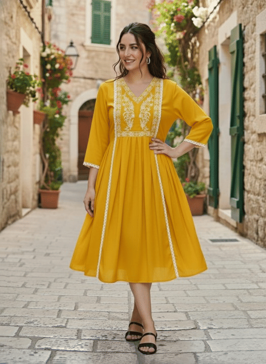 SK Creation Women Rayon Embroidered A-line Kurti ( Yellow ) SK Creation Women Rayon Embroidered A-line Kurti ( Yellow )