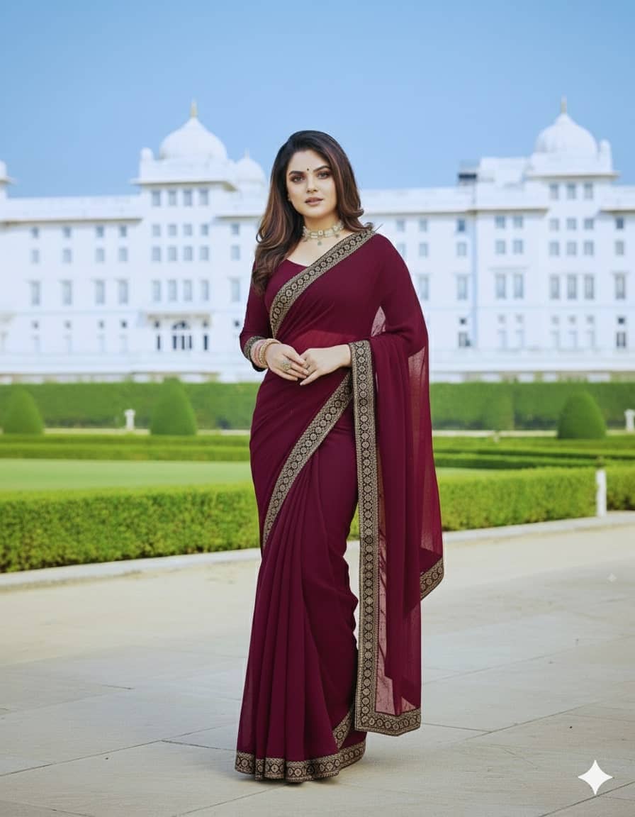 Saadhvi Lycra Printed Regular Saree With Unstitched Blouse Piece ( Maroon ) - Sarees | Buy online on ZillyBuy