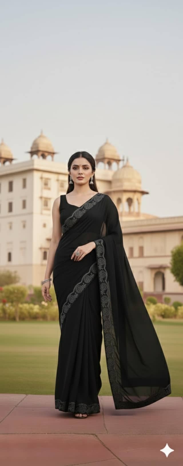 Samai Georgette Printed Regular Saree With Unstitched Blouse Piece ( Black ) - Sarees | Buy online on ZillyBuy