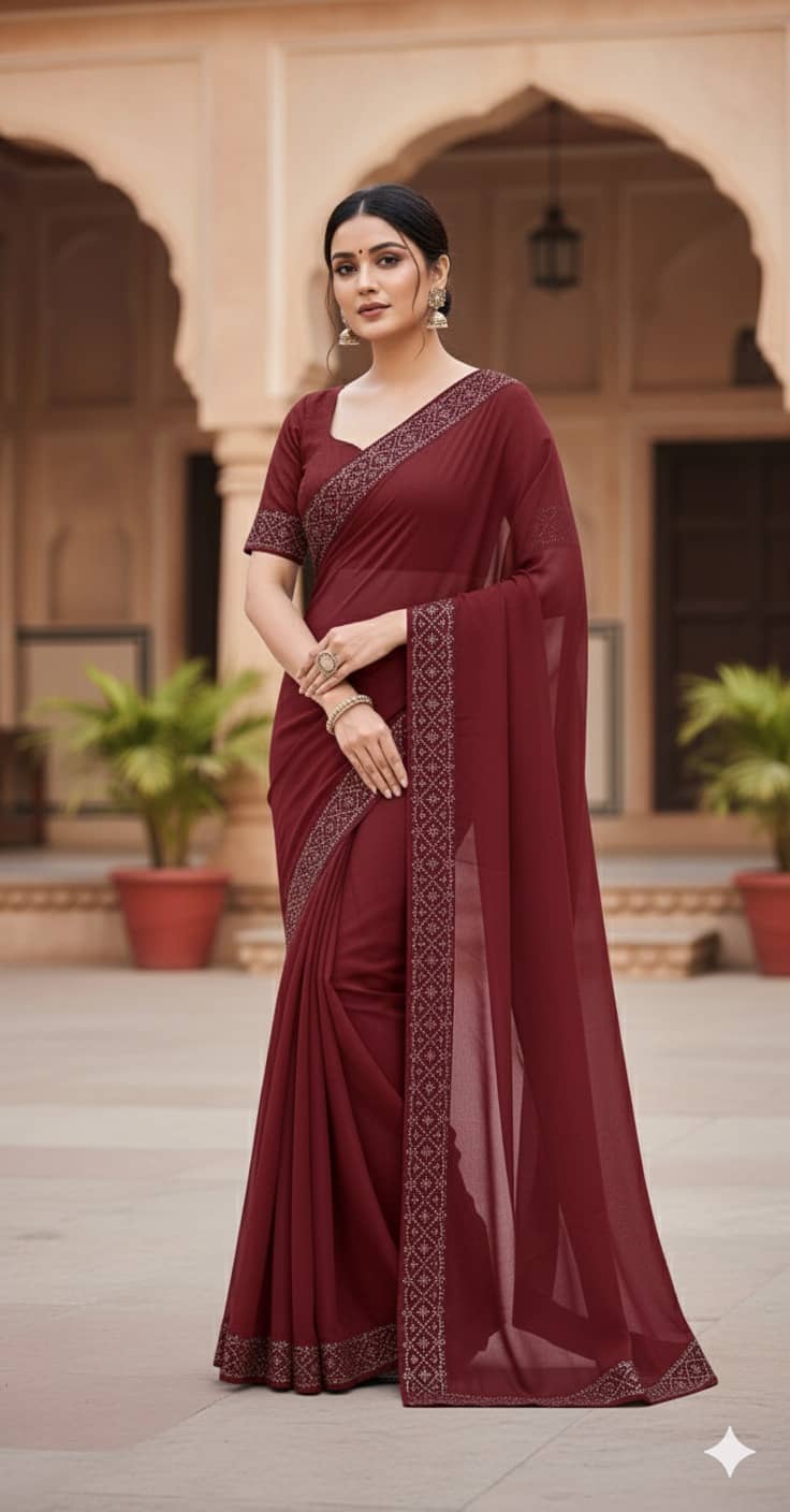 Vkaran Georgette Printed Regular Saree With Unstitched Blouse Piece ( Maroon ) - Sarees | Buy online on ZillyBuy