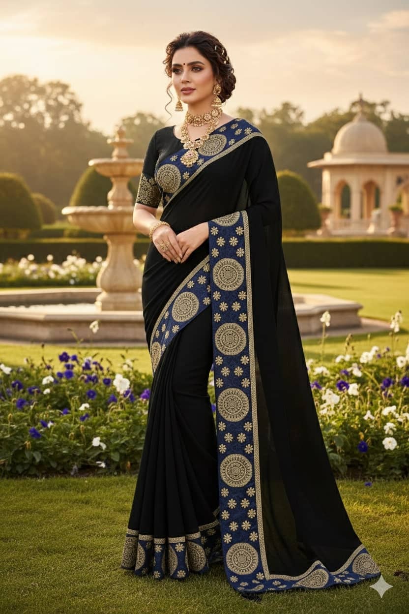 Vkaran Georgette Printed Regular Saree With Unstitched Blouse Piece ( Black ) - Sarees | Buy online on ZillyBuy