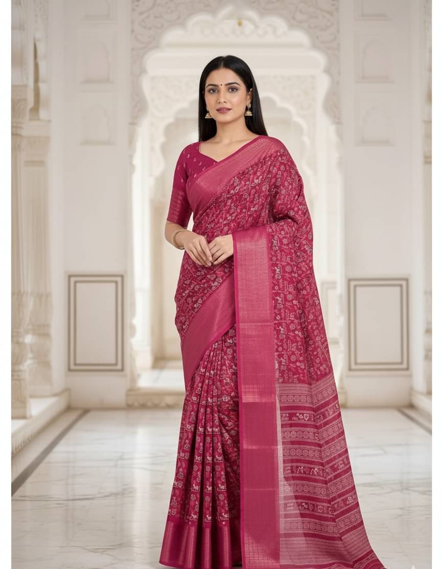     			varutex Cotton Silk Printed Regular Saree With Unstitched Blouse Piece ( Pink )