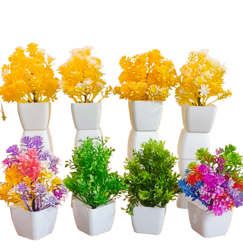     			yellow and mix artificial flowers with pot smal and lite pack of 008