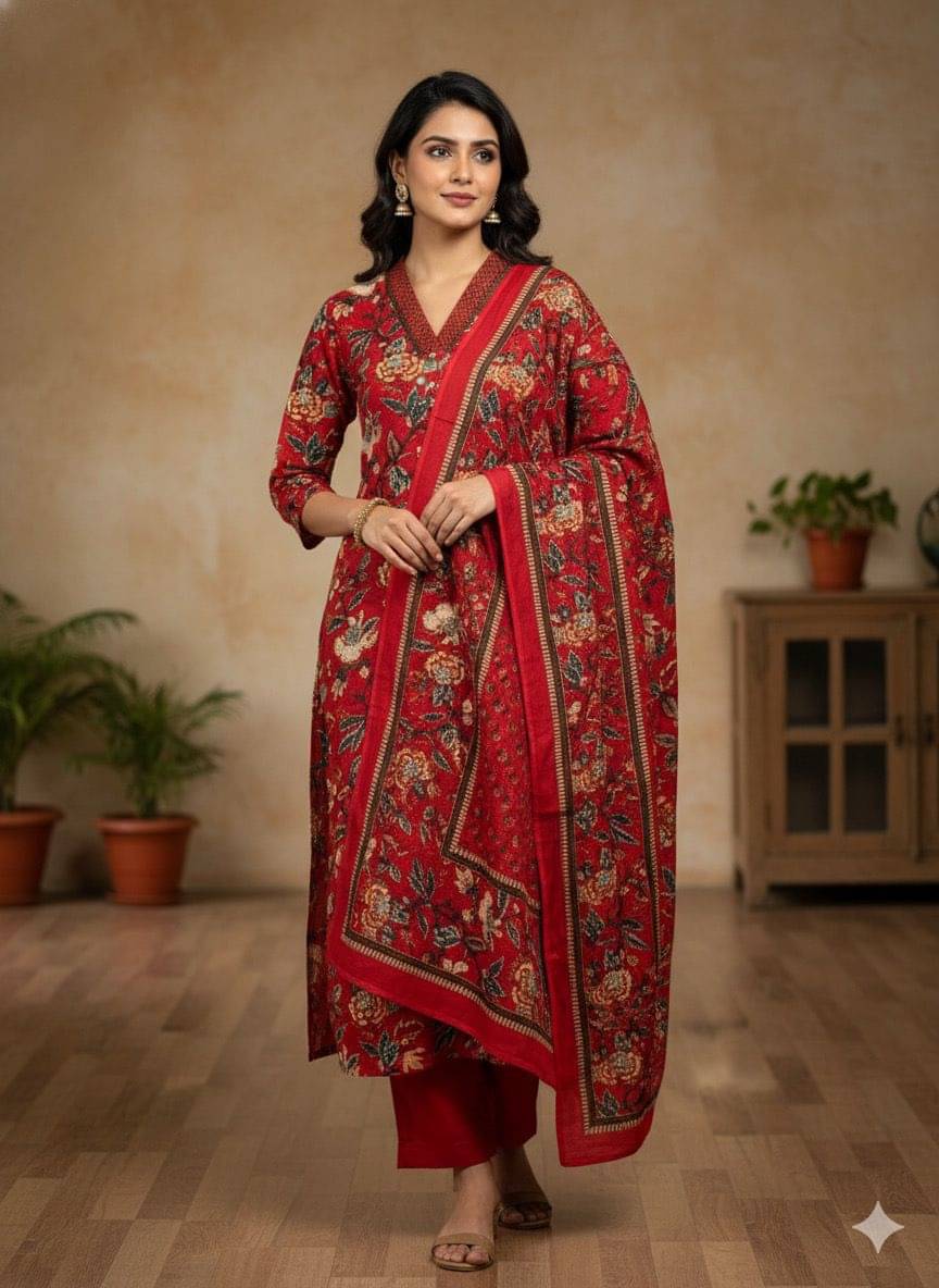 zivitaa Women Cotton Blend Printed Flared Kurti With Palazzo ( Red ) zivitaa Women Cotton Blend Printed Flared Kurti With Palazzo ( Red )