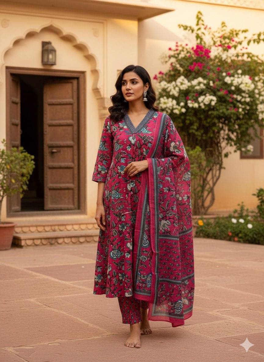 zivitaa Women Cotton Blend Printed Flared Kurti With Palazzo ( Pink ) zivitaa Women Cotton Blend Printed Flared Kurti With Palazzo ( Pink )