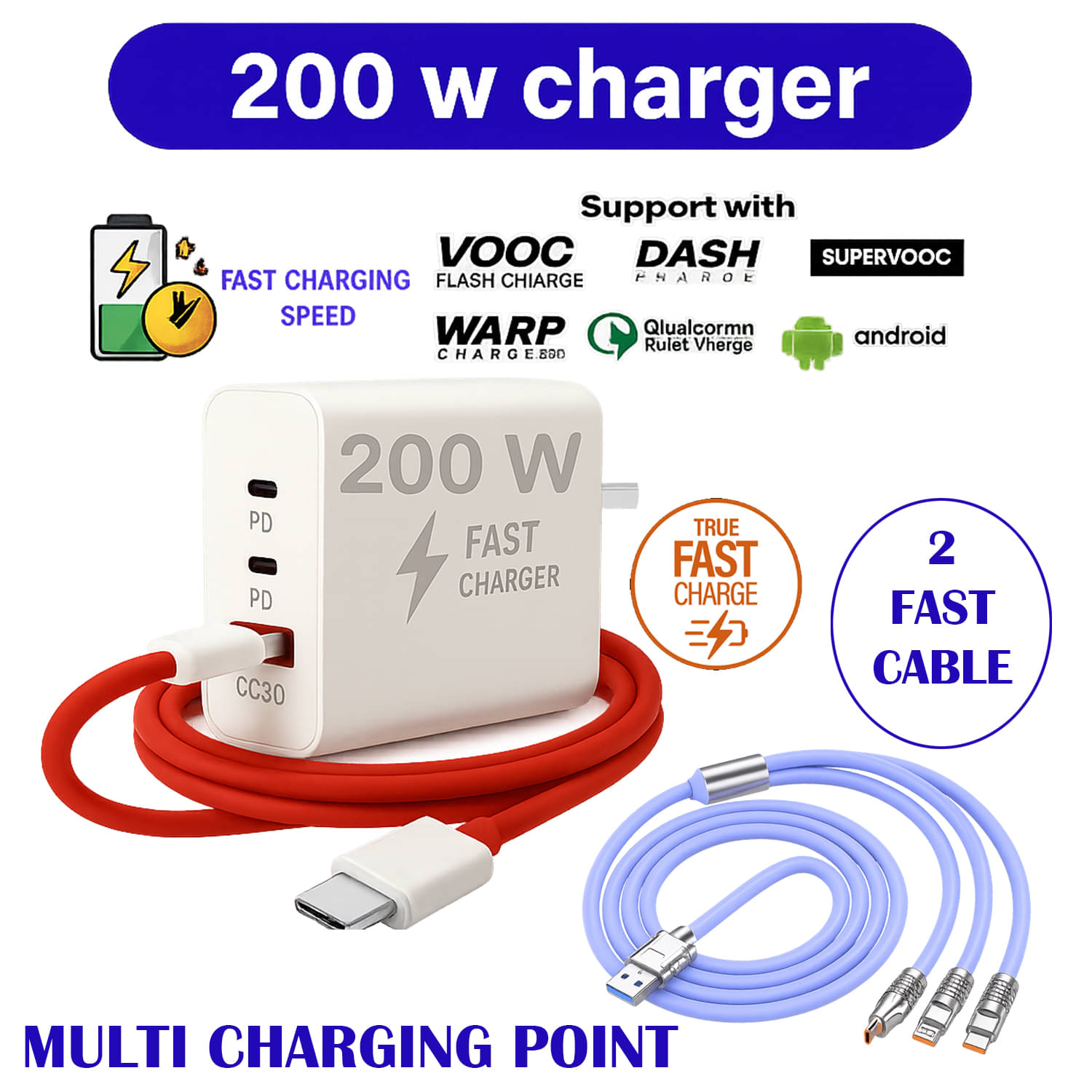 200W Ultra Fast Charging Adapter | Dual PD + QC 3.0 | Universal Support | Type-C Red Cable & 3-in-1 Cable Combo 200W Ultra Fast Charging Adapter | Dual PD + QC 3.0 | Universal Support | Type-C Red Cable & 3-in-1 Cable Combo