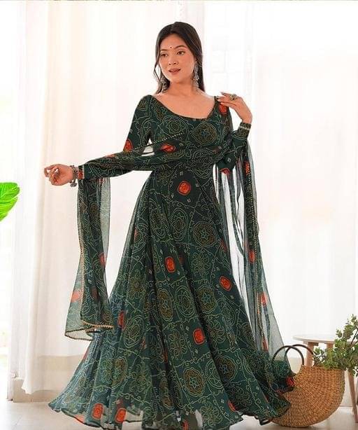 Apnisha Women Georgette Flared Stitched Ethnic Gown With Dupatta ( Green ) Apnisha Women Georgette Flared Stitched Ethnic Gown With Dupatta ( Green )