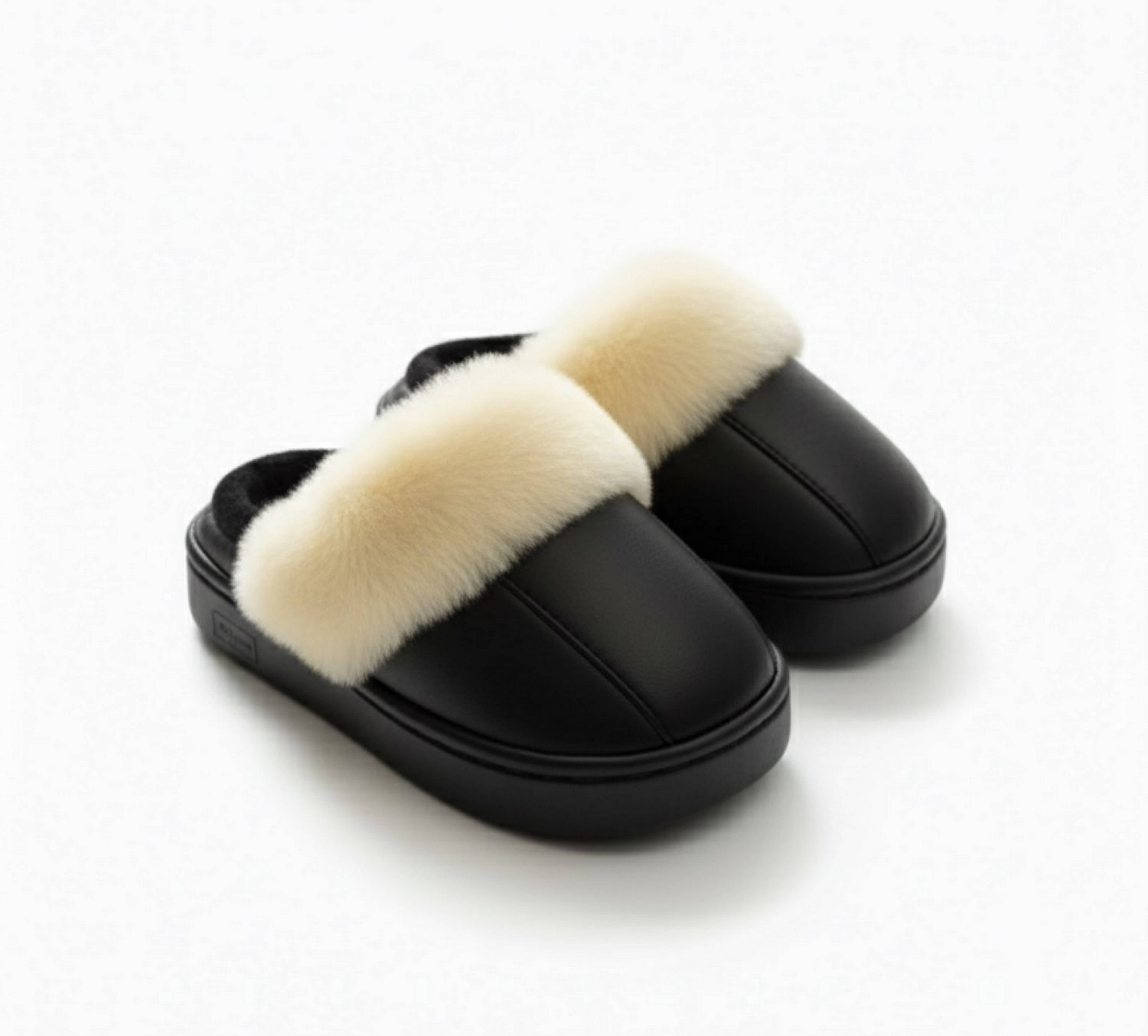 Children’s Winter Slippers in Black with Faux Fur Trim and Elastic Fit