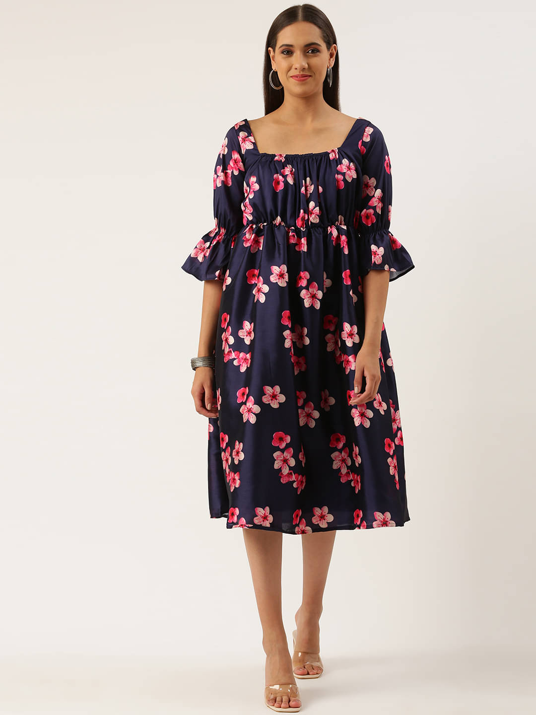 Ethnovog Women Silk Printed Ethnic Dress ( Blue ) Ethnovog Women Silk Printed Ethnic Dress ( Blue )