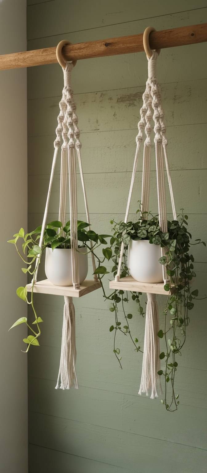 Handmade Macrame Hanging Planter | Cotton Rope Plant Holder with Wooden Base | Indoor Home Decor Hanging Shelf Handmade Macrame Hanging Planter | Cotton Rope Plant Holder with Wooden Base | Indoor Home Decor Hanging Shelf