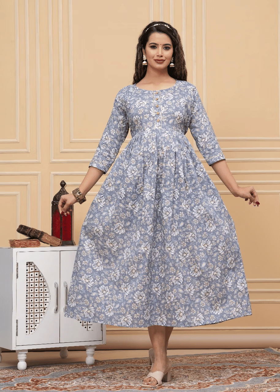 Indie fashion textile Women Cotton Blend Printed A-line Dress ( Grey ) Indie fashion textile Women Cotton Blend Printed A-line Dress ( Grey )