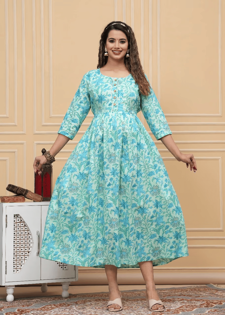 Indie fashion textile Women Cotton Blend Printed A-line Dress ( Blue ) Indie fashion textile Women Cotton Blend Printed A-line Dress ( Blue )