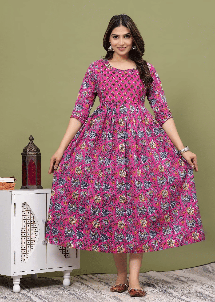 Indie fashion textile Women Cotton Blend Printed A-line Dress ( Pink ) Indie fashion textile Women Cotton Blend Printed A-line Dress ( Pink )