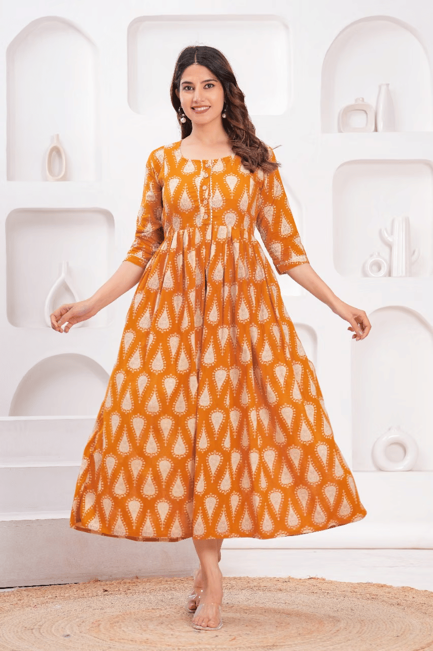 Indie fashion textile Women Cotton Blend Printed A-line Dress ( Orange ) Indie fashion textile Women Cotton Blend Printed A-line Dress ( Orange )