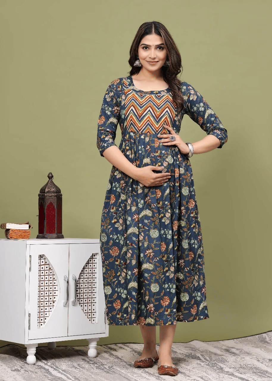 Indie fashion textile Women Cotton Blend Printed A-line Dress ( Blue ) Indie fashion textile Women Cotton Blend Printed A-line Dress ( Blue )