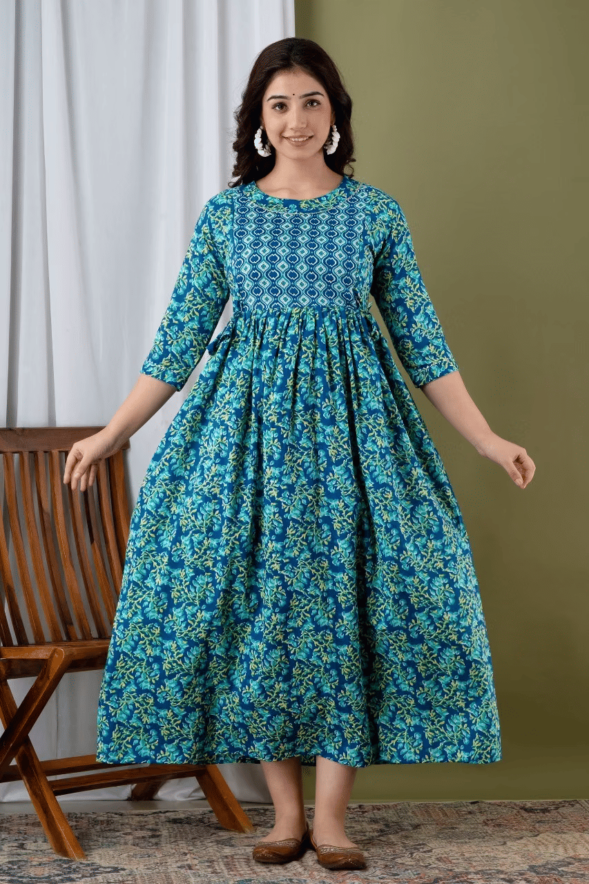 Indie fashion textile Women Cotton Blend Printed A-line Dress ( Aqua Blue ) Indie fashion textile Women Cotton Blend Printed A-line Dress ( Aqua Blue )