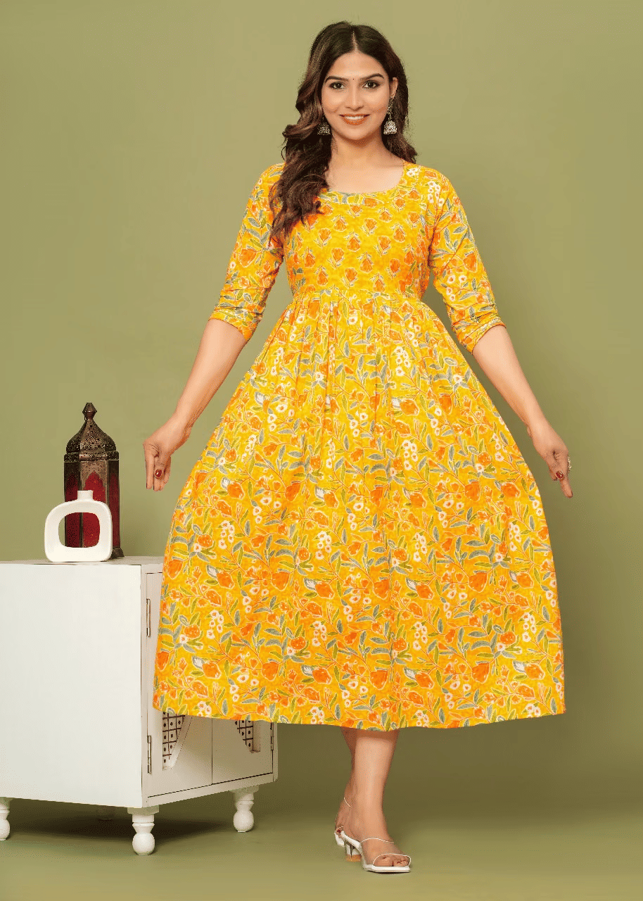 Indie fashion textile Women Cotton Blend Printed A-line Dress ( Yellow ) Indie fashion textile Women Cotton Blend Printed A-line Dress ( Yellow )