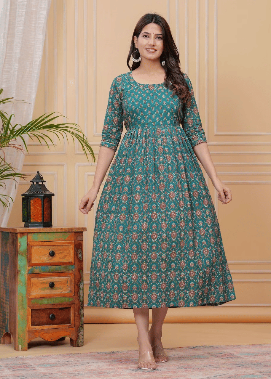 Indie fashion textile Women Cotton Blend Printed A-line Dress ( Green ) Indie fashion textile Women Cotton Blend Printed A-line Dress ( Green )