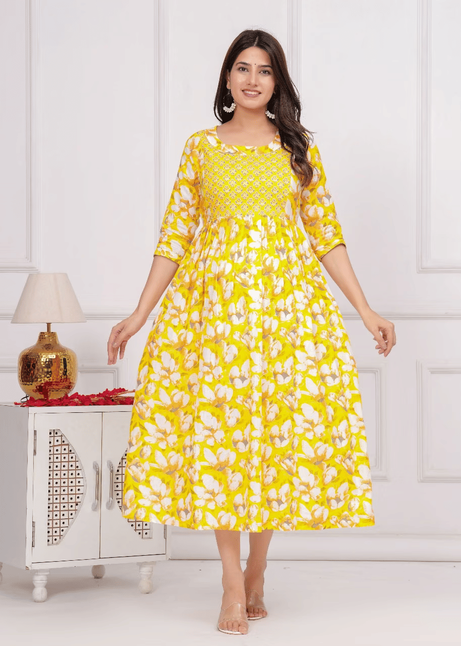Indie fashion textile Women Cotton Blend Printed A-line Dress ( Yellow ) Indie fashion textile Women Cotton Blend Printed A-line Dress ( Yellow )