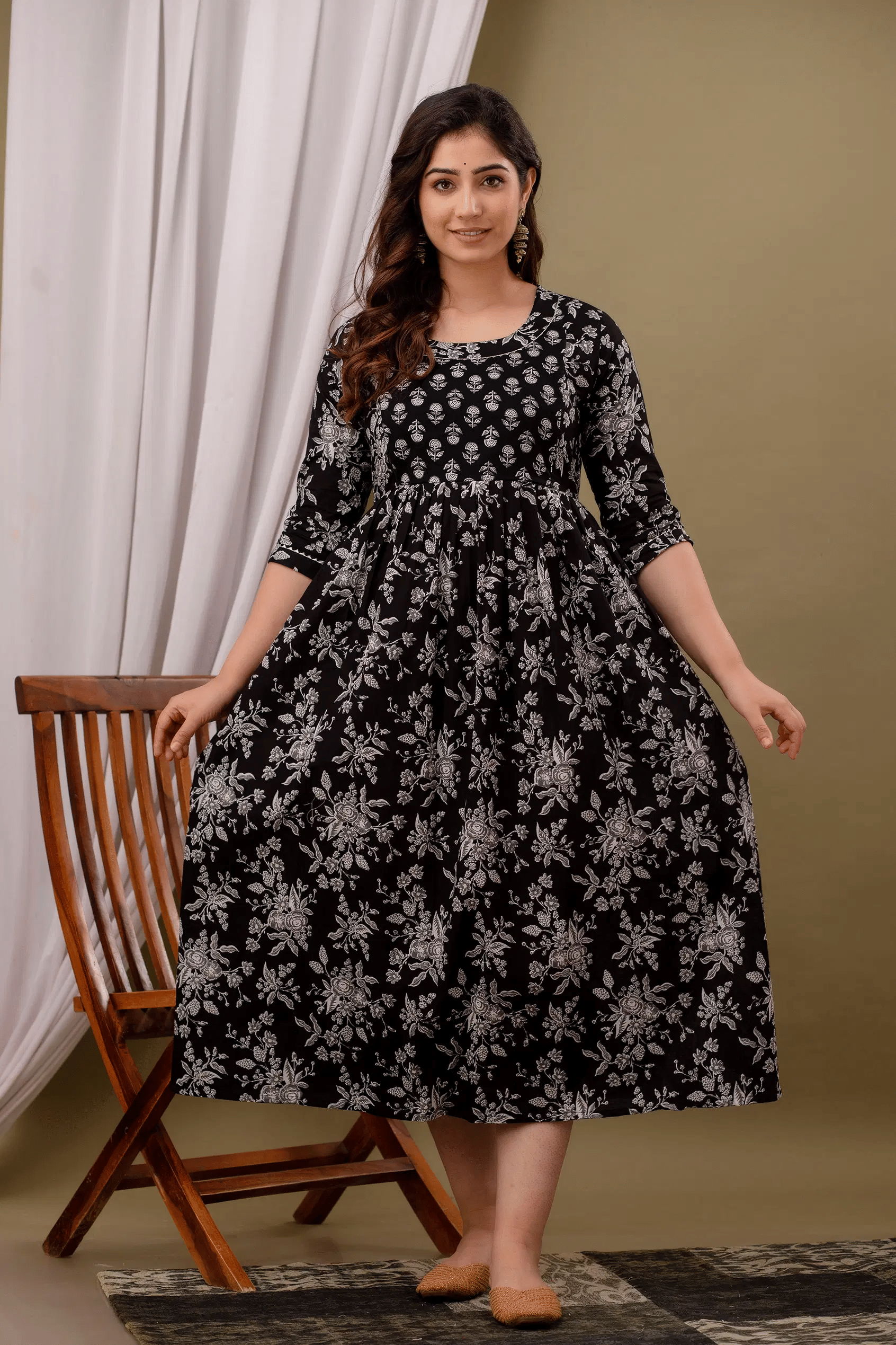 Indie fashion textile Women Cotton Blend Printed A-line Dress ( Black ) Indie fashion textile Women Cotton Blend Printed A-line Dress ( Black )