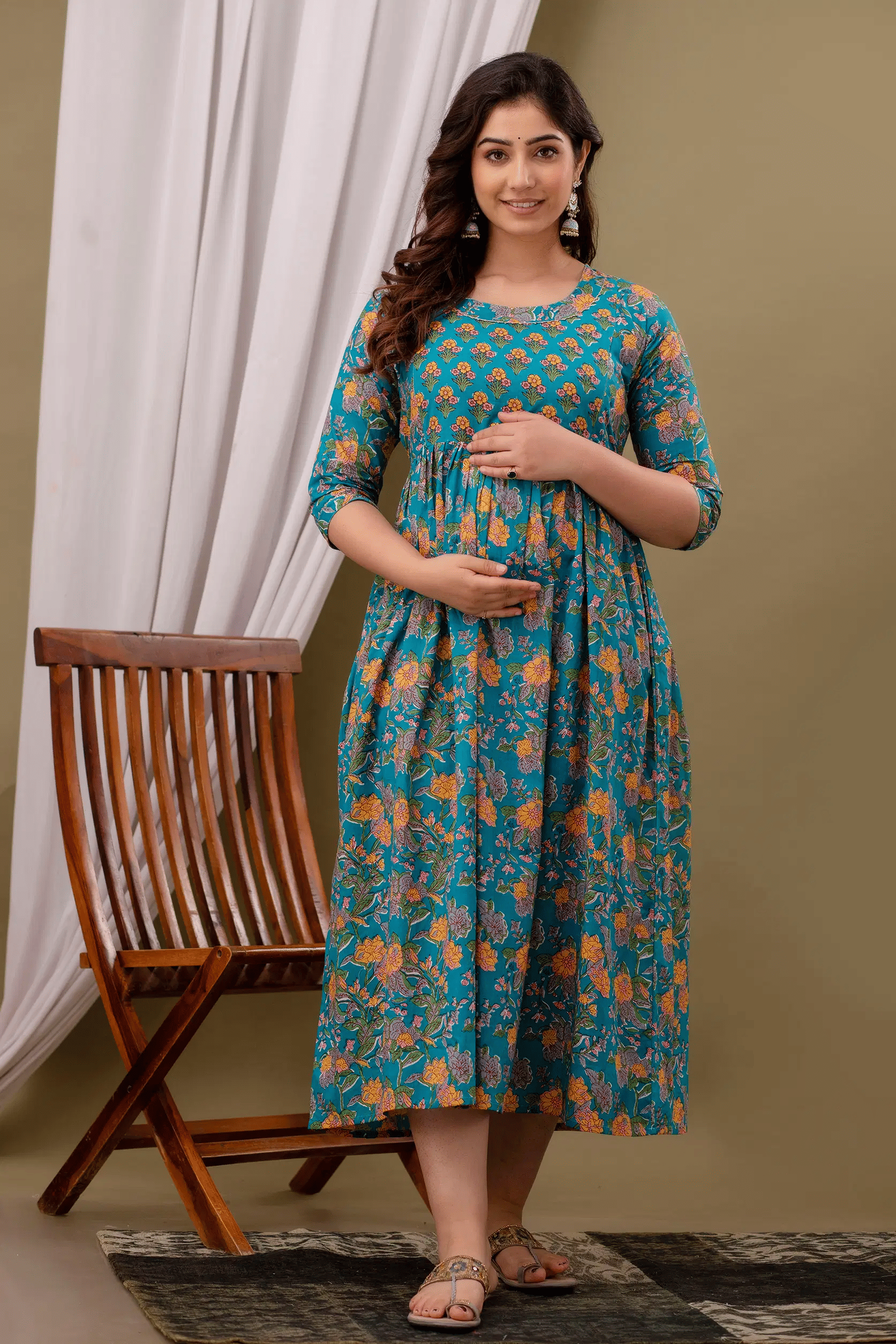 Indie fashion textile Women Cotton Blend Printed A-line Dress ( Blue ) Indie fashion textile Women Cotton Blend Printed A-line Dress ( Blue )