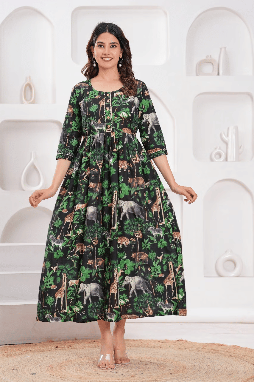 Indie fashion textile Women Cotton Blend Printed A-line Dress ( Green ) Indie fashion textile Women Cotton Blend Printed A-line Dress ( Green )