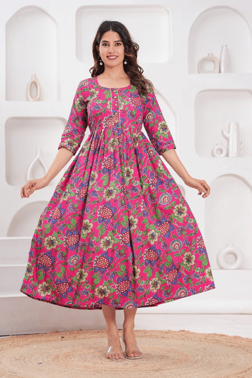 Indie fashion textile Women Cotton Blend Printed A-line Dress ( Pink ) Indie fashion textile Women Cotton Blend Printed A-line Dress ( Pink )