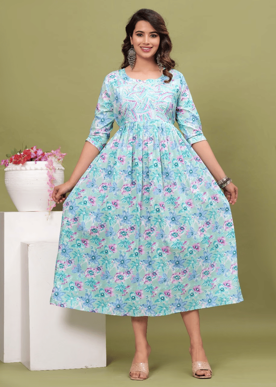 Indie fashion textile Women Cotton Blend Printed A-line Dress ( Aqua Blue ) Indie fashion textile Women Cotton Blend Printed A-line Dress ( Aqua Blue )