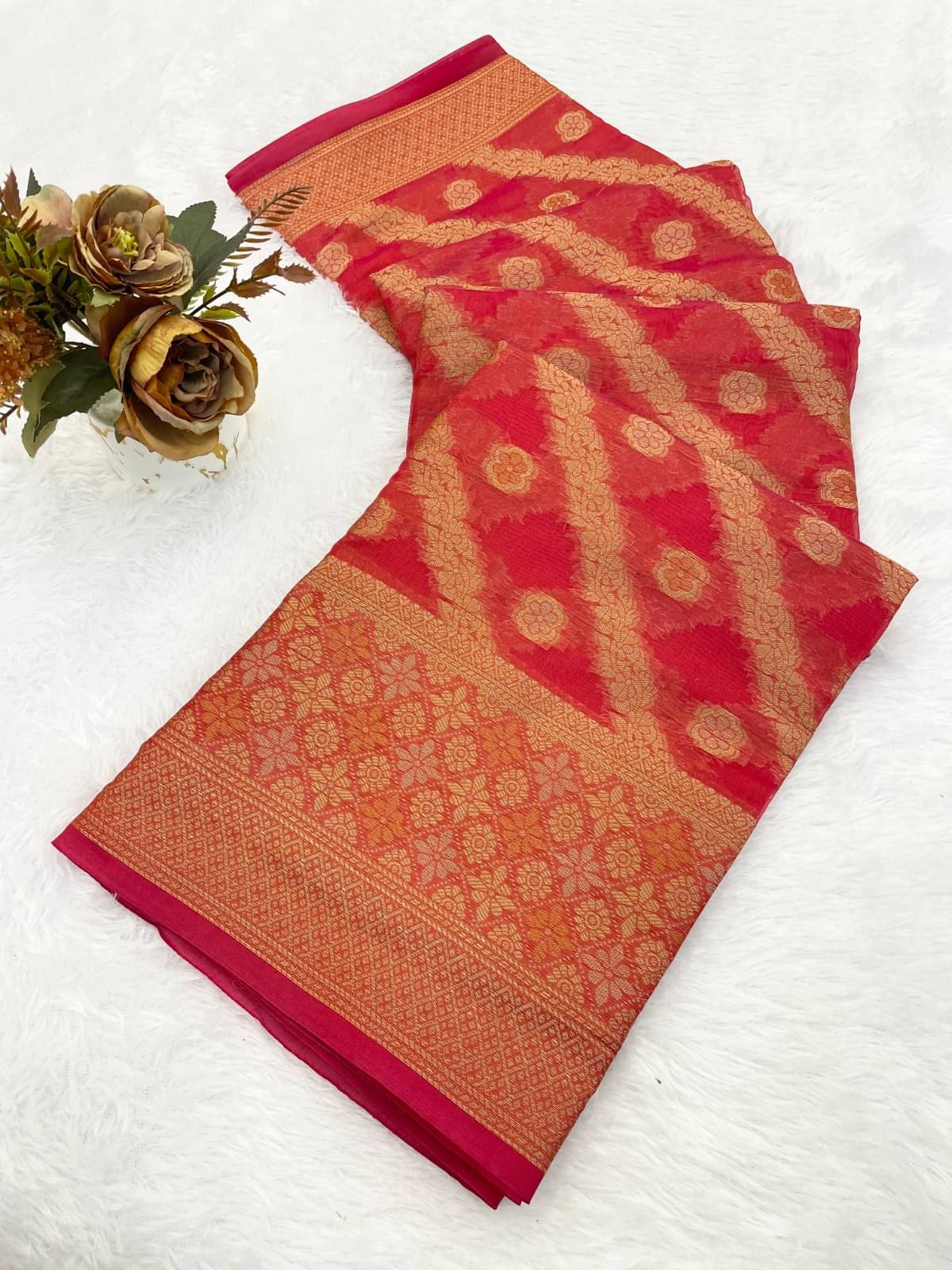 KV Fashion Organza Printed Regular Saree With Unstitched Blouse Piece ( Peach ) KV Fashion Organza Printed Regular Saree With Unstitched Blouse Piece ( Peach )