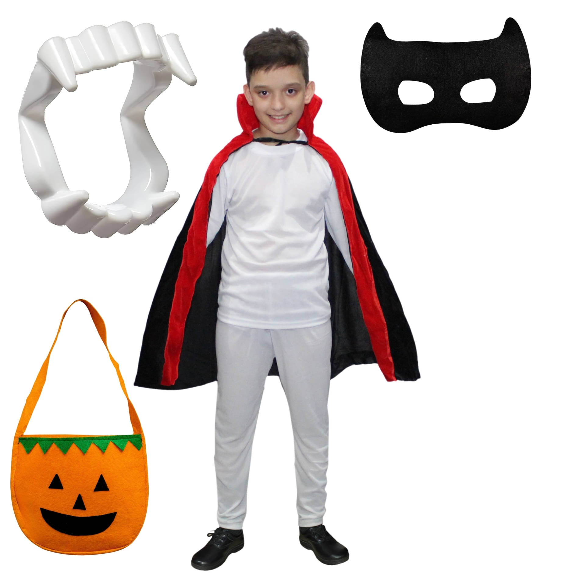     			Kaku Fancy Dresses Polyester Halloween Dracula Robe,Teeth,Eyepatch,Pumkin Candy Basket For Kids Costume Set 5-6 Years,Multicolor