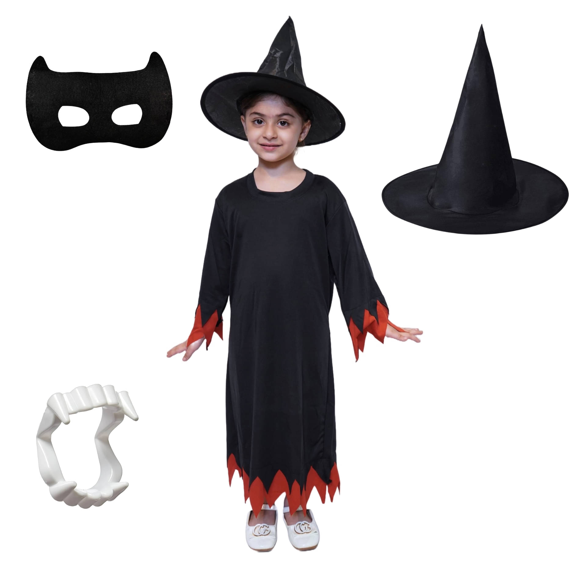 Kaku Fancy Dresses Polyester Halloween Scary Witch Costume With Hat, Teeth & Face Mask For Kids, Multicolor Kaku Fancy Dresses Polyester Halloween Scary Witch Costume With Hat, Teeth & Face Mask For Kids, Multicolor