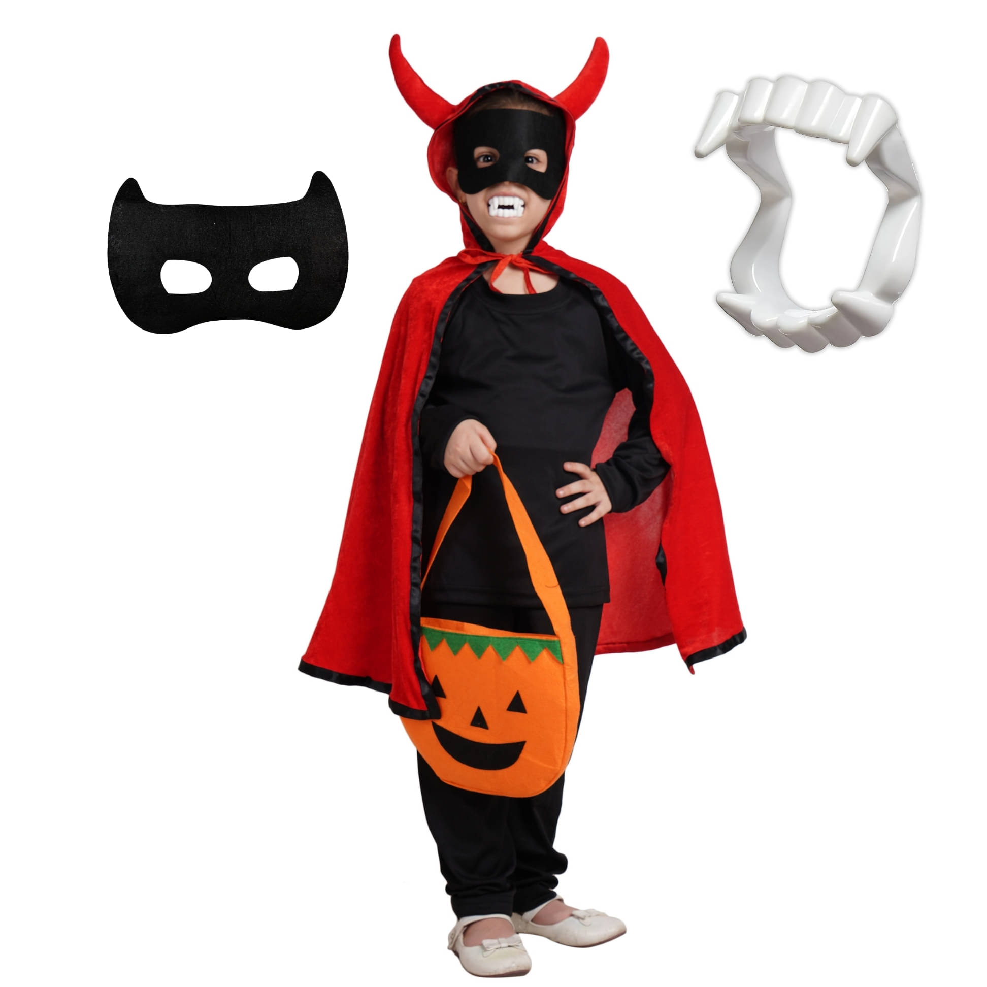 Kaku Fancy Dresses Pumpkin Robe Cape with Black Eyepatch & Devil Teeth for Halloween Costume for Kids - 5-6 Years Kaku Fancy Dresses Pumpkin Robe Cape with Black Eyepatch & Devil Teeth for Halloween Costume for Kids - 5-6 Years