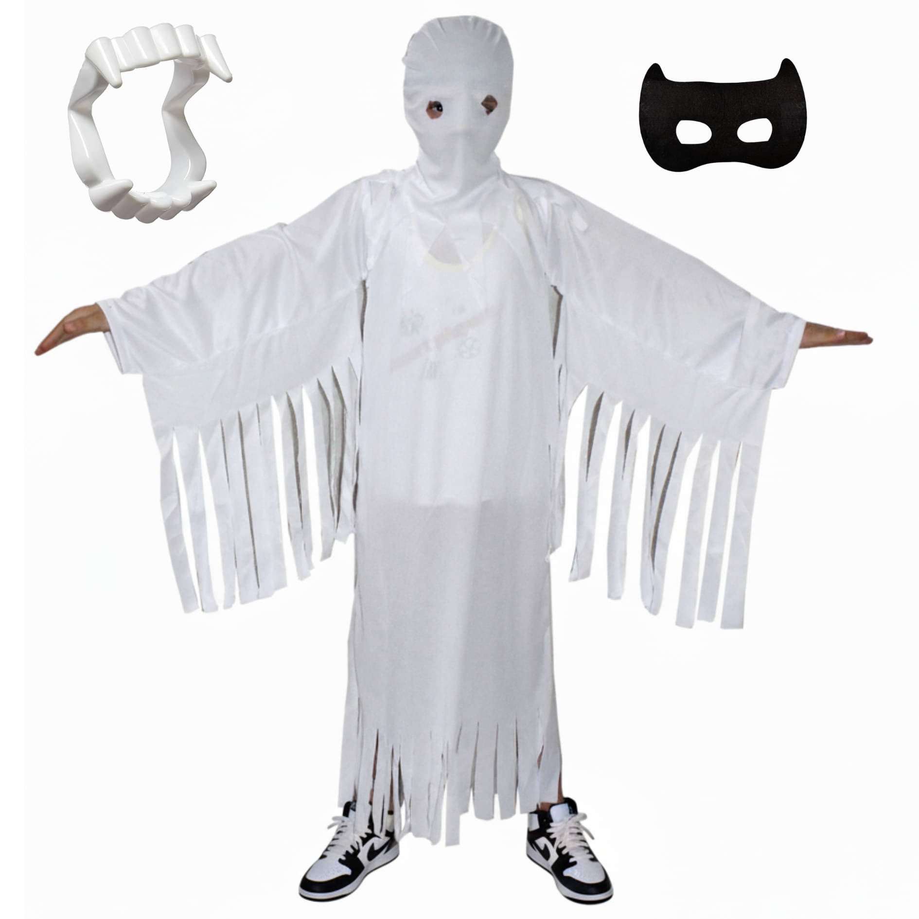     			Kaku Fancy Dresses White Ghost Costume With Vampire Teeth, Face Mask Set For Kids Halloween Costume Party