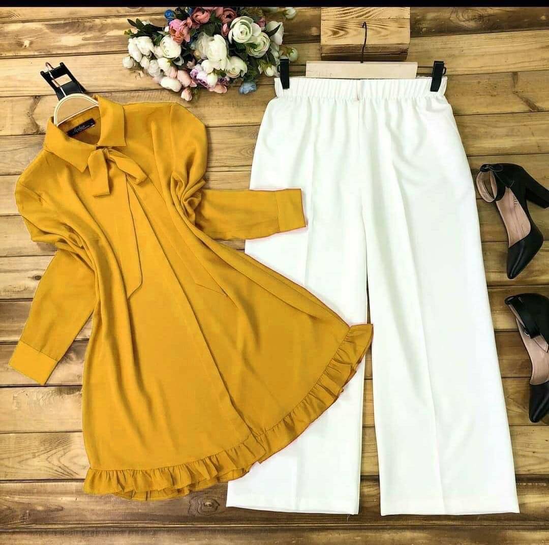     			Maa Enterprise Women Rayon Dyed Flared Kurti With Palazzo ( Yellow )