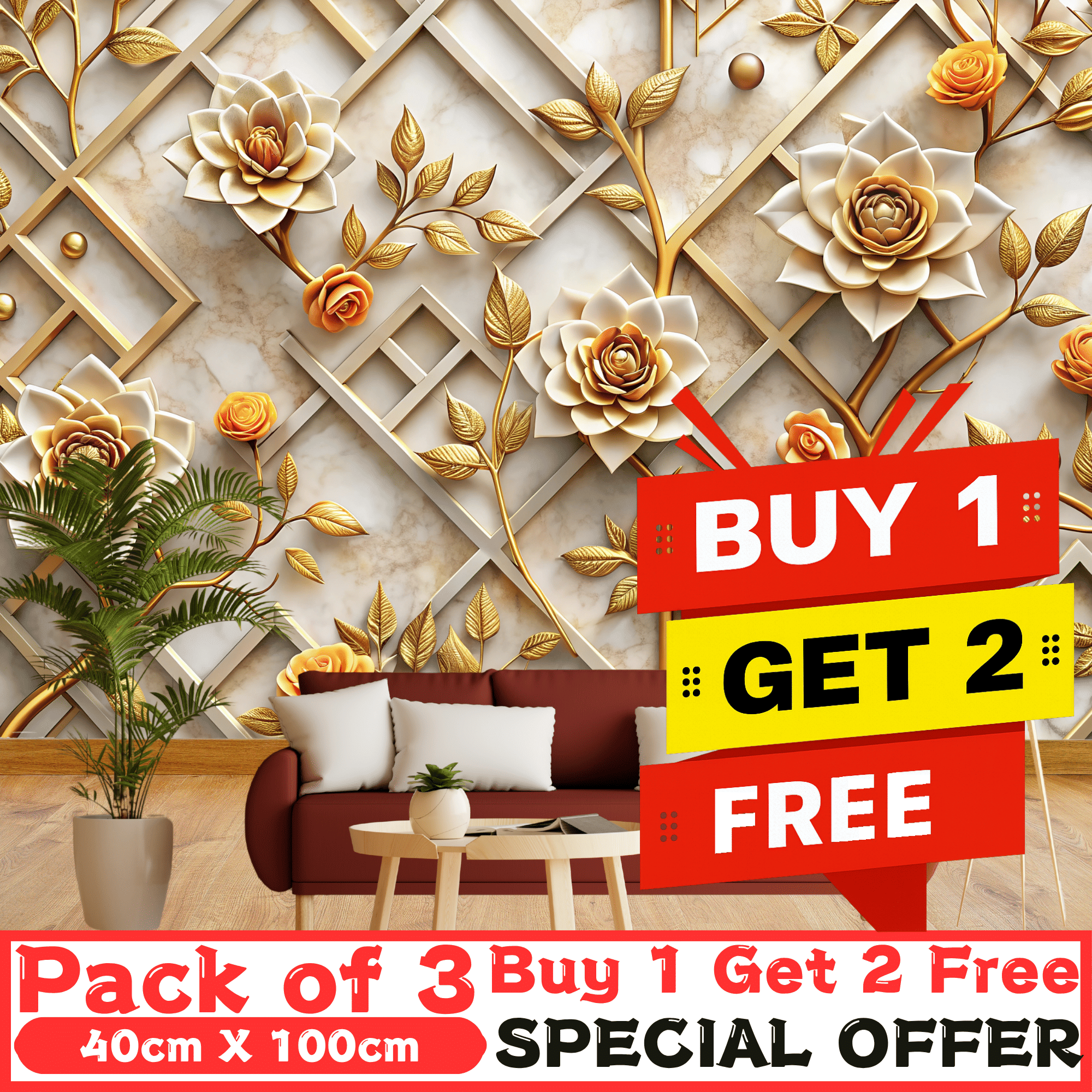 Premium 3D Self-Adhesive Vinyl Wallpaper Panels – Pack of 3 (Each 40x100 cm) | Total Coverage: 12.92 Sq. Ft Premium 3D Self-Adhesive Vinyl Wallpaper Panels – Pack of 3 (Each 40x100 cm) | Total Coverage: 12.92 Sq. Ft